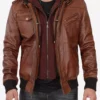 Men’s Hooded Brown Leather Bomber Jacket Tall Fit Edition
