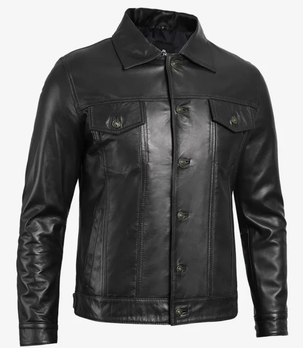 Men's black leather trucker jacket