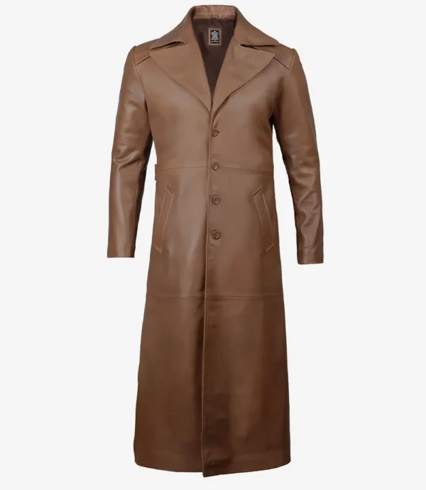 Men's full-length brown leather duster