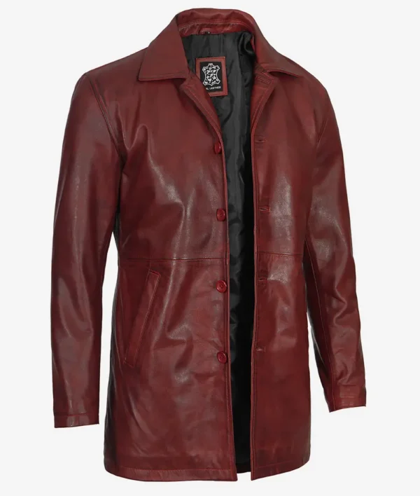 Men's maroon leather trench coat
