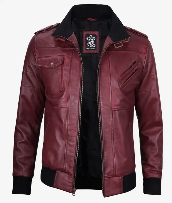 Maroon Leather Bomber Jacket