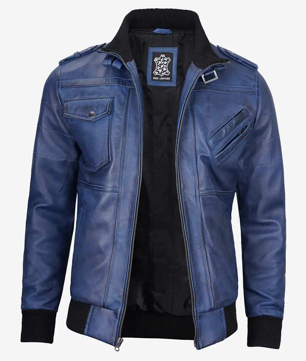Mens Blue Wax Leather Jacket With Hood