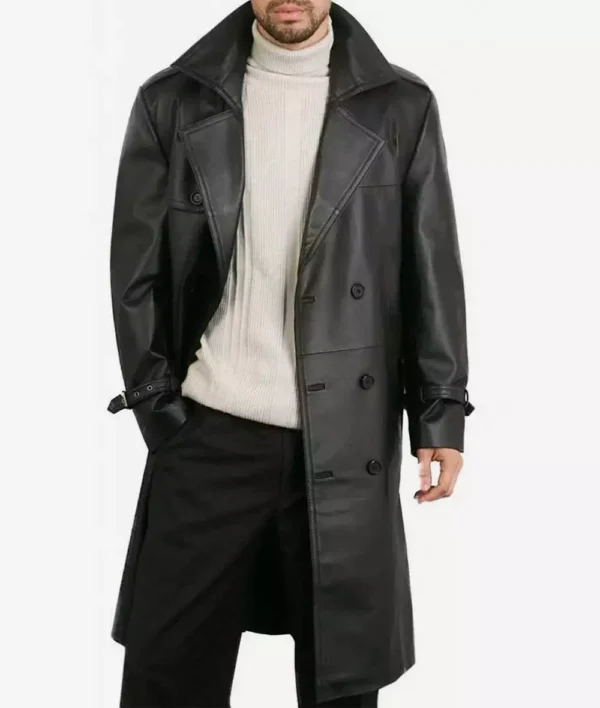 black lambskin leather knee-length coat