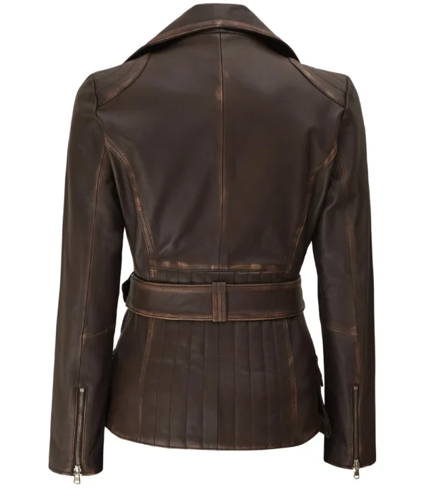 Distressed brown leather asymmetrical jacket