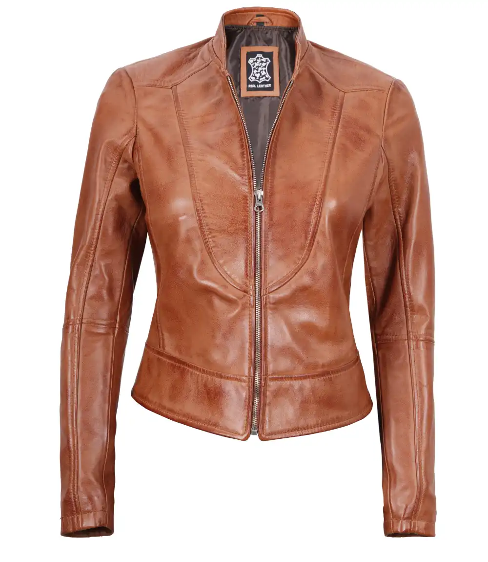 Tan Brown Leather Cafe Racer Jacket