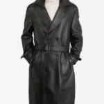 Black Lambskin Leather Knee-Length Coat for Men – Double Breasted
