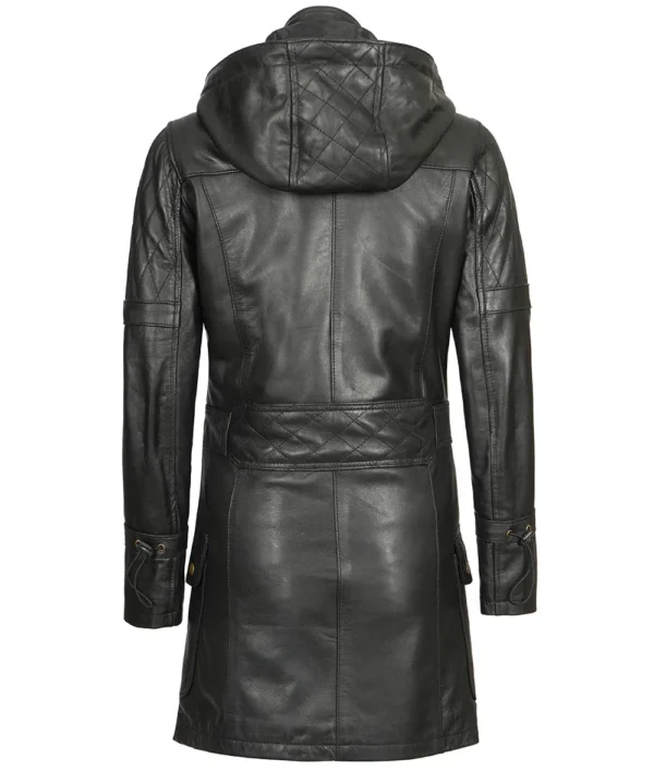 Women's black leather overcoat with hood