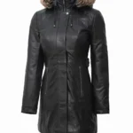 Womens Black Leather Coat Removable Fur Hood