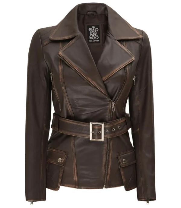Distressed Brown Asymmetrical Leather Jacket
