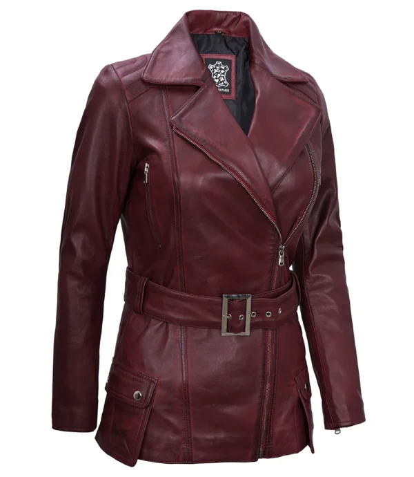 Womens Asymmetrical Biker Jacket Real Leather in Maroon - Image 3