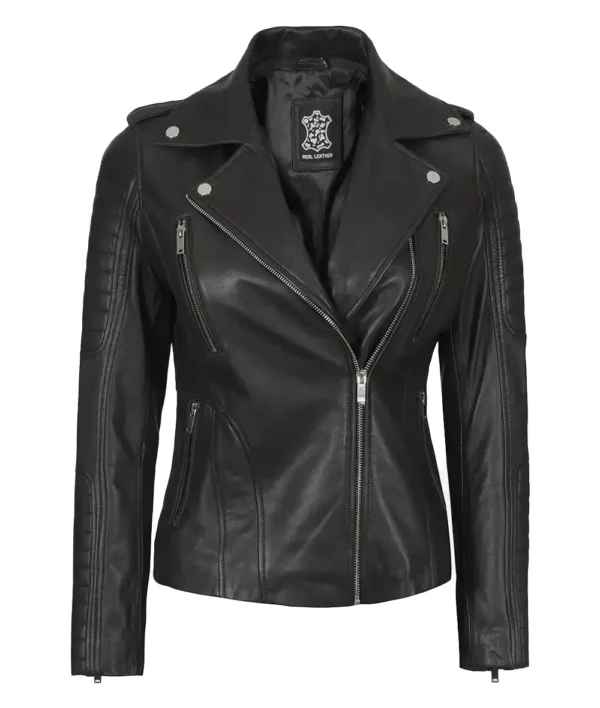 Women Black Leather Detachable Hood Jacket - Image 4