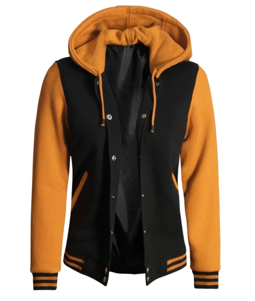Womens Black and Yellow Varsity Jacket With Hood