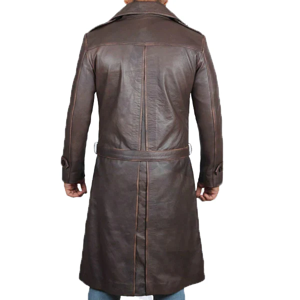 Men Distressed Brown Leather Double Breasted Coat