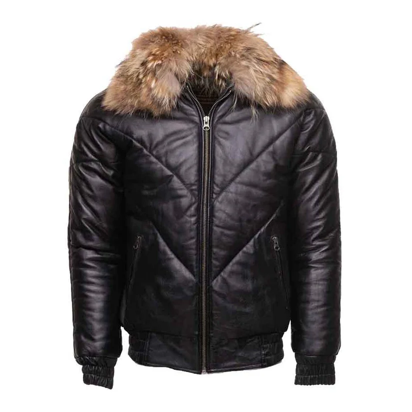 Mens Black Bomber Puffer Leather Jacket