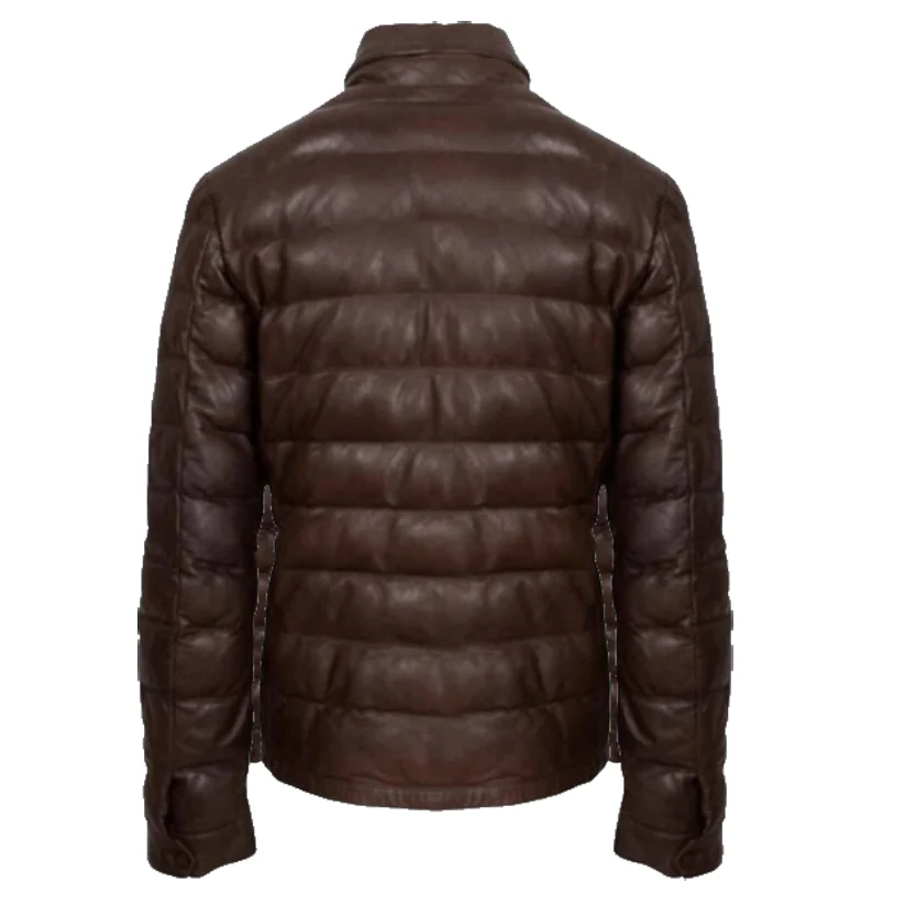 Men's Dark Brown Leather Puffer Jacket