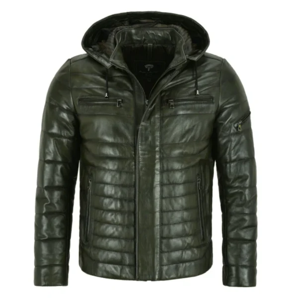 Men's Puffer Real Hooded Leather Jacket
