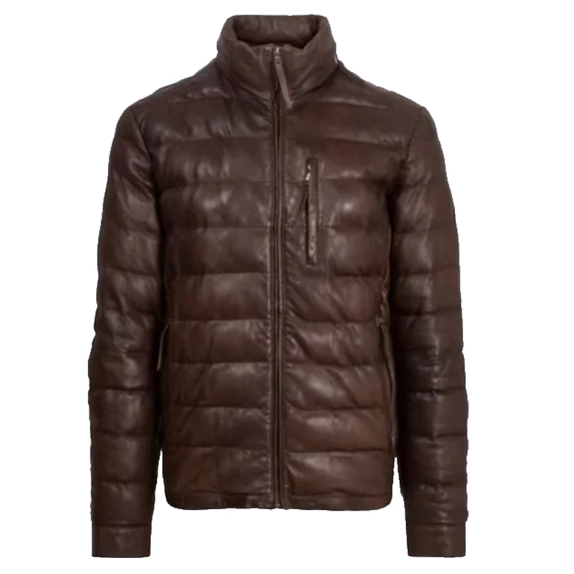 Men's Dark Brown Leather Puffer Jacket