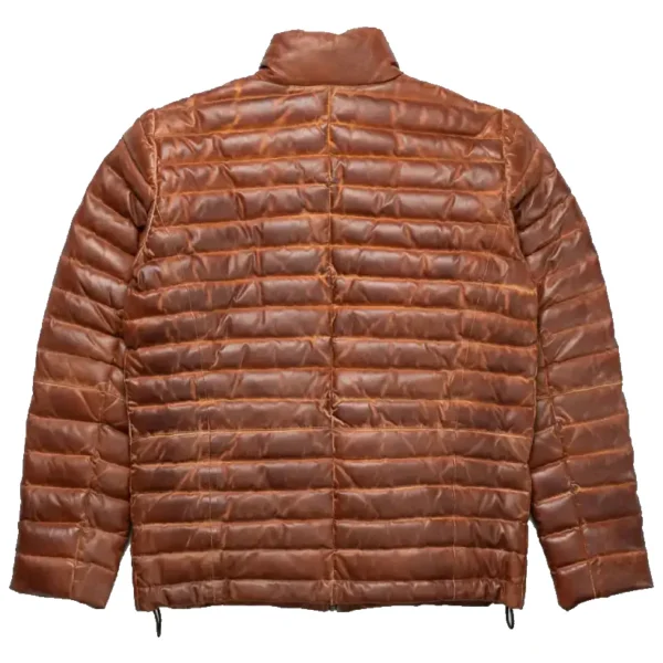 Mens Tan and Brown Leather Puffer Jacket
