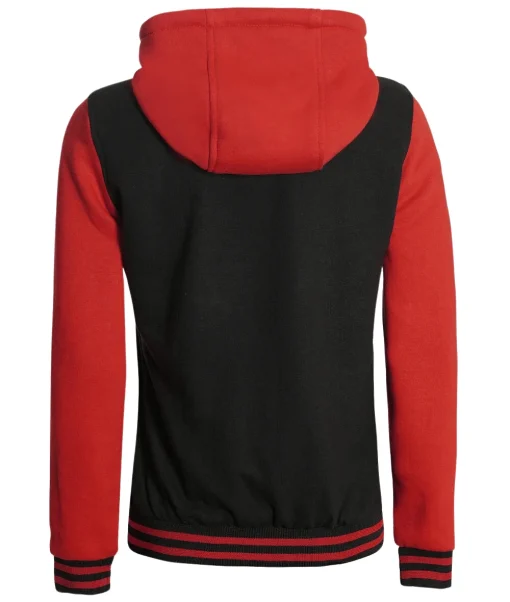 Womens Black And Red Hooded Baseball Varsity Jacket