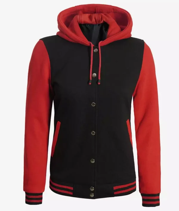 Women's Black and Red Hooded Varsity Jacket Baseball Style