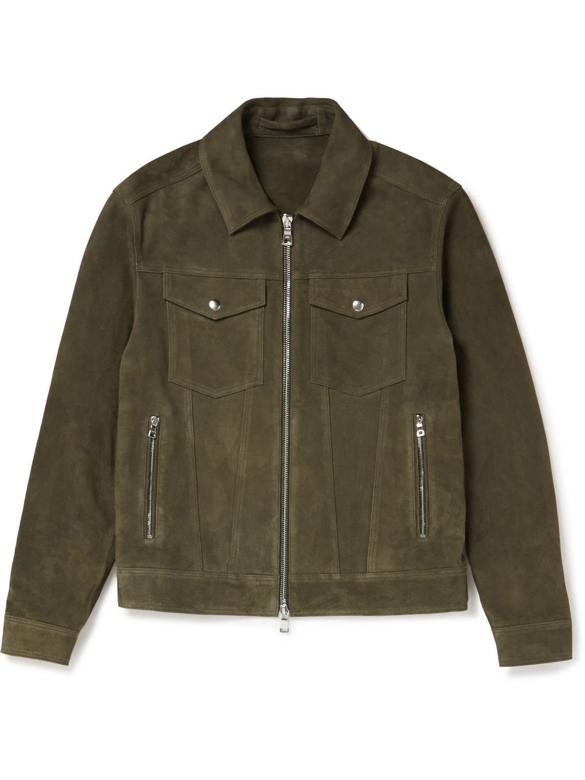 Mens Army Green Suede Leather Trucker Jacket
