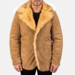 Men Fur long Beige Suede Leather Coat