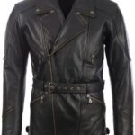 Mens Black Leather Belted Motorcycle Coat