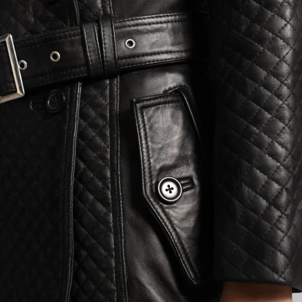 Womens Black Leather Quilted Trench Coat