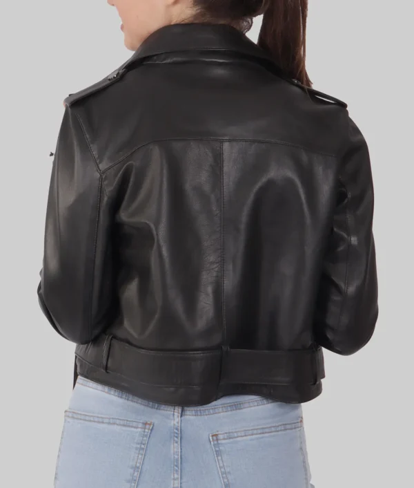 Women Cropped Black Leather Biker Jacket
