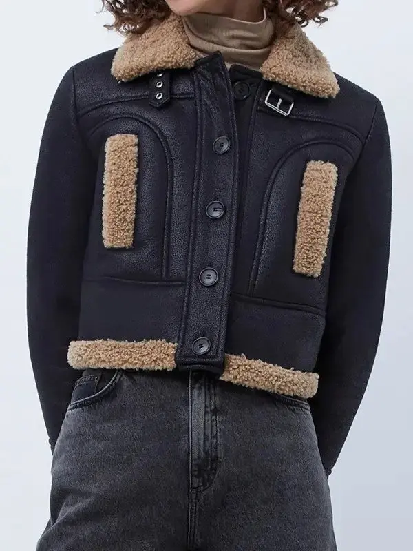 Women Cropped Black Shearling Leather Jacket