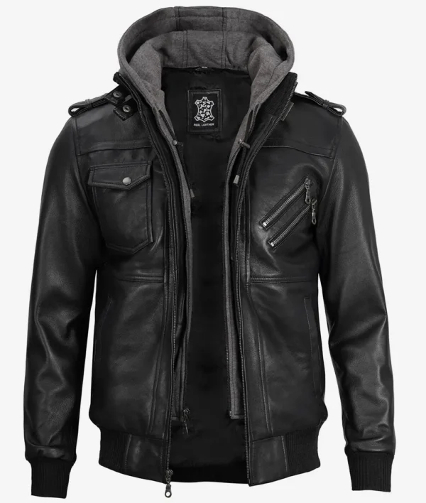 Men Tall Black Bomber Leather Jacket With Removable Hood