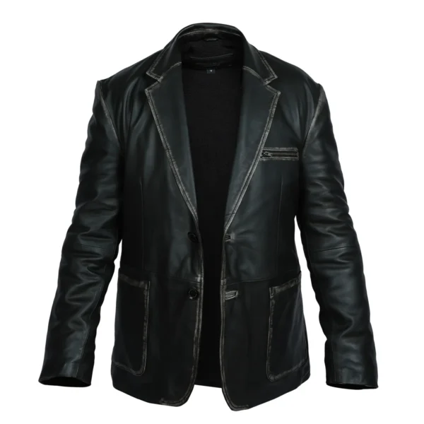 Men Formal Button Style Black Leather Blazer