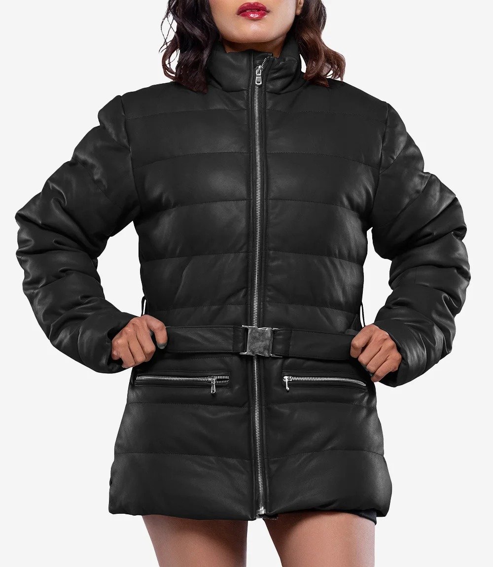 Womens Robin Black Leather Puffer Jacket