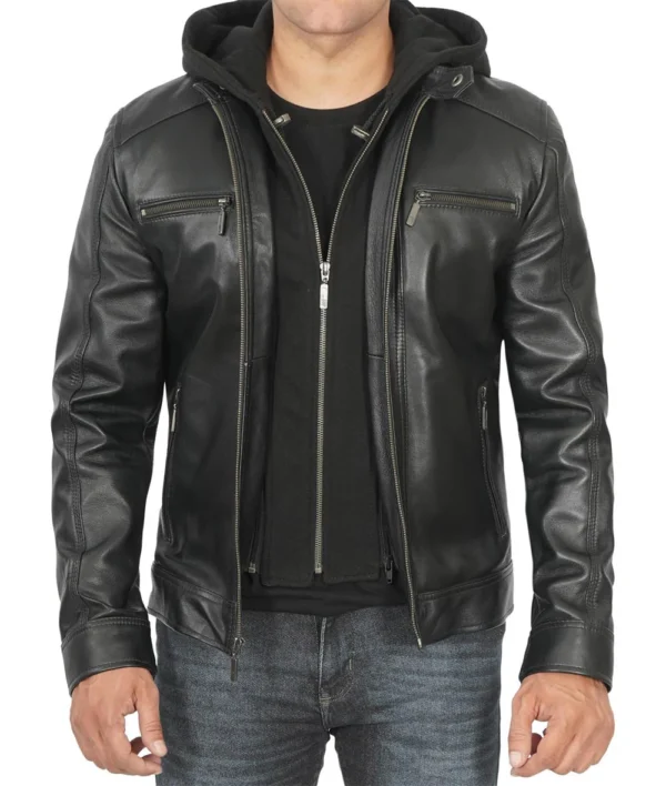 Mens Tall Black Leather Racer Jacket With Removable Hoodie
