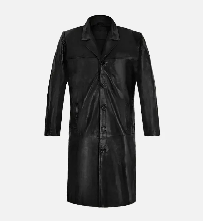 Mens Classic Black Leather Long Coat