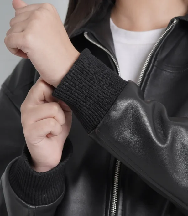 Women Shirt Collar Oversized Bomber Leather Jacket