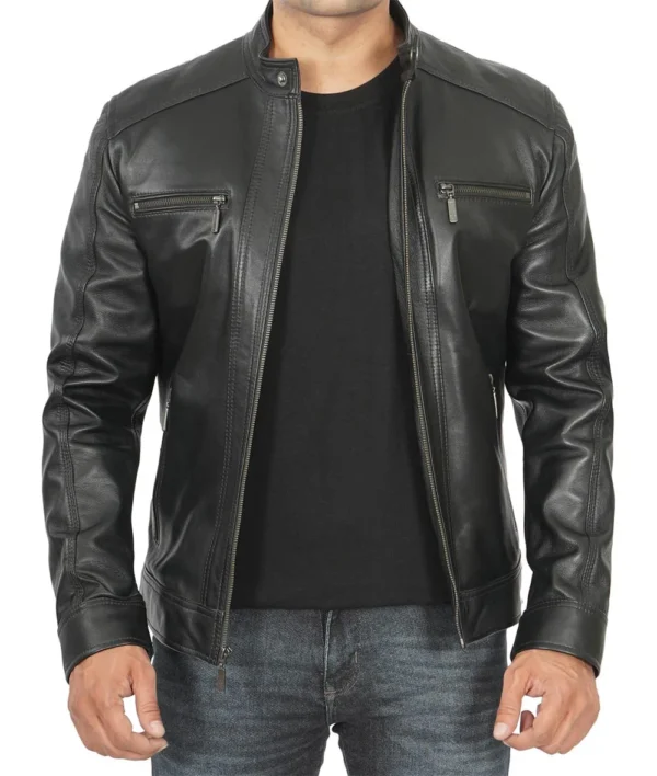 Mens Tall Black Leather Racer Jacket With Removable Hoodie