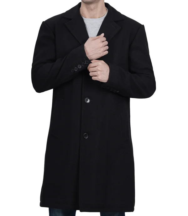 Mens Single Breasted Black Wool Coat
