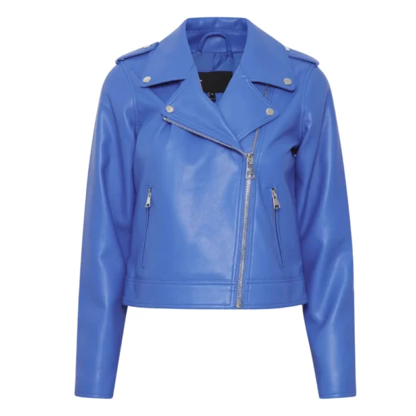 Womens Blue Moto Jacket With Asymmetrical Zipper