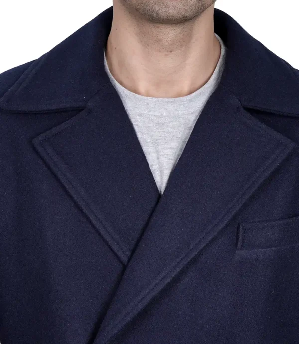 Men Blue Double Breasted Long Wool Coat