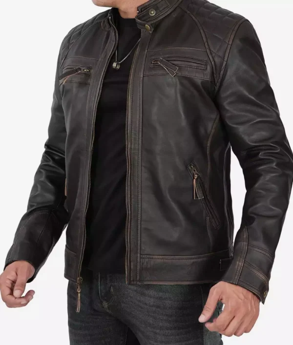 Men Tall Quilted Distressed Brown Leather Jacket