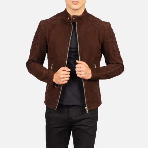 Men Quilted Brown Suede Biker Jacket