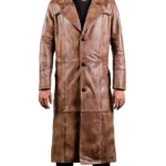 Men Leather Brown Wax Duster Coat