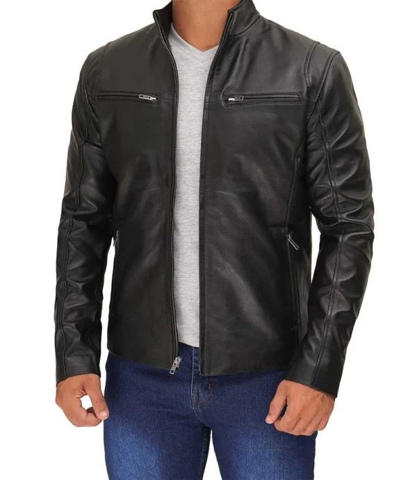 Men Black Tall Cafe Racer Leather Jacket