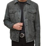 Mens Caleb Gray Trucker Style Suede Jacket