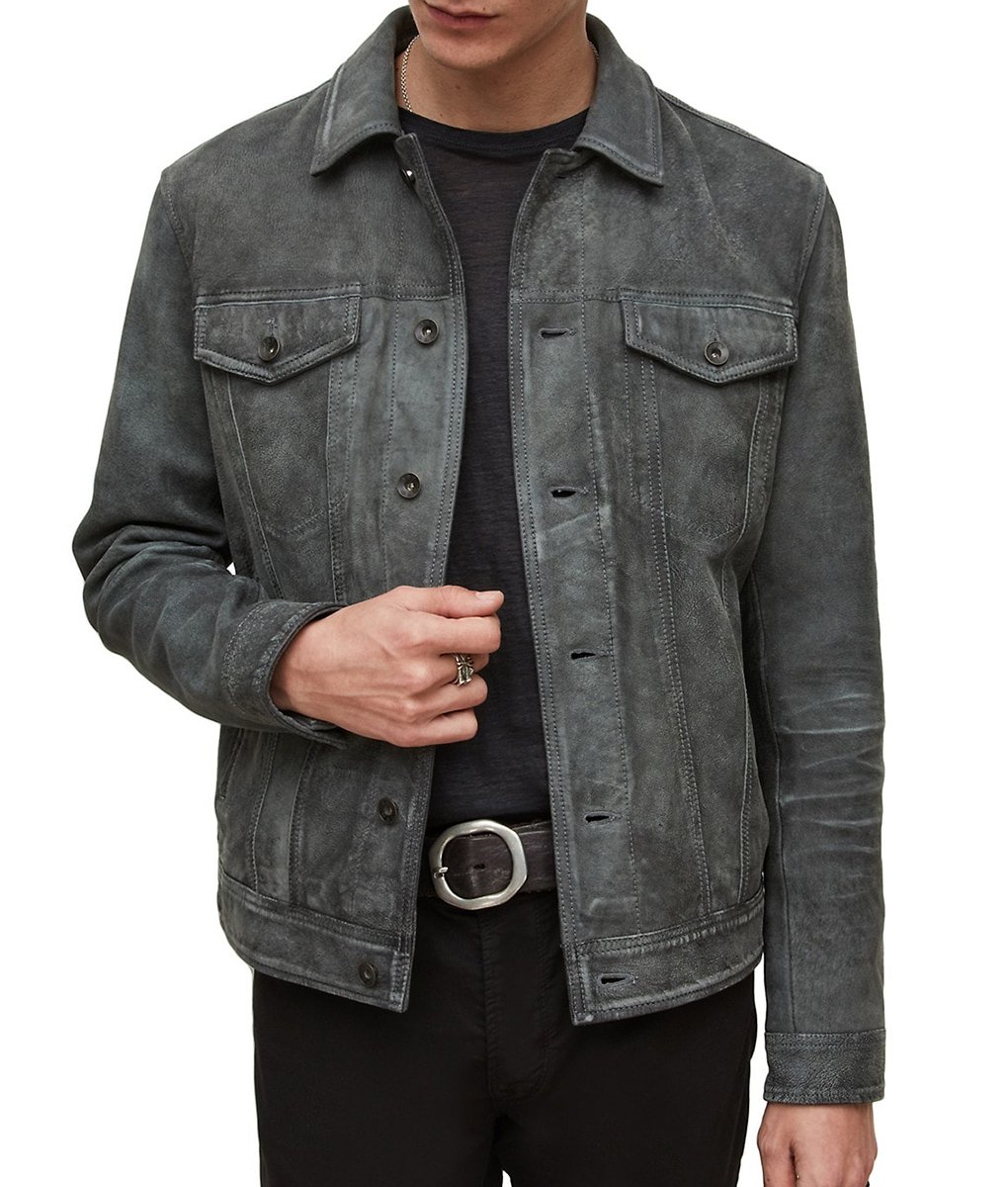 Mens Caleb Gray Trucker Style Suede Jacket