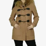 Womens Camel Brown Fur Hooded Wool Duffle Coat