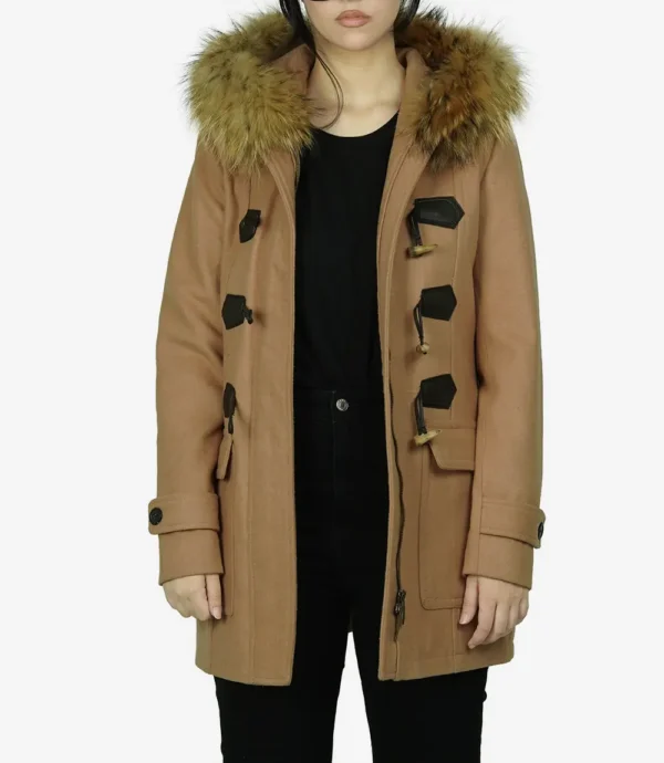 Womens Camel Brown Fur Hooded Wool Duffle Coat