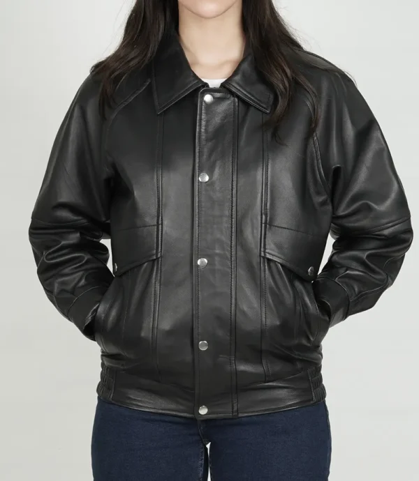 Women Black Oversized Bomber Leather Jacket