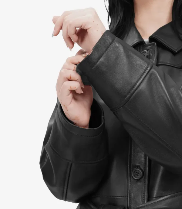 Womens Long Black Oversized Belted Leather Jacket
